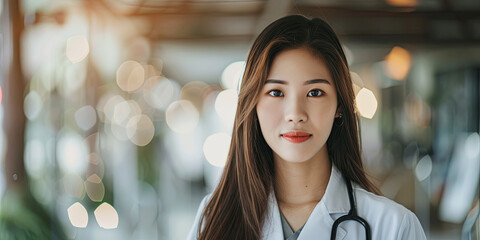 a beautiful Asian female doctor with long hair wearing white medical and a stethoscope is posing in a hospital, generative AI