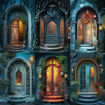 Design a series of die-cut images featuring intricate and unique doors, each leading to a different world or reality Emphasize the craftsmanship and detail of the doors to evoke curiosity and wonder