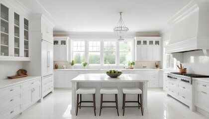 Fototapeta na wymiar beautiful modern light and bright white kitchen with center island and white cabinetry