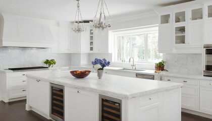 beautiful modern light and bright white kitchen with center island and white cabinetry