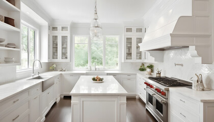 Fototapeta premium beautiful modern light and bright white kitchen with center island and white cabinetry