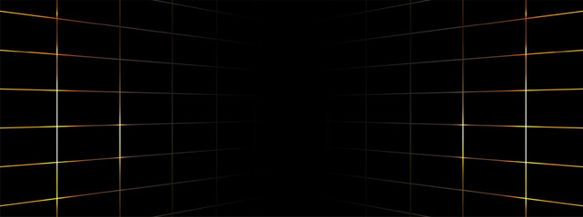 Black background with line grid gold glowing left and right. Horizontal design for background, backdrop. Vector illustration.
