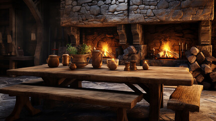 wooden table and fireplace