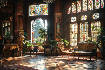 Sunlight streaming through stained glass windows, illuminating an antique-filled parlor