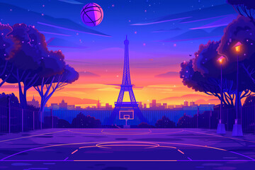 Basketball ball on vibrant sunset sky with Eiffel Tower background. Olympic Games Paris. Abstract colorful digital artwork. Generative AI