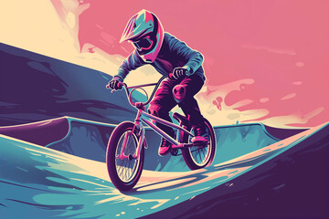 Man with helmet riding a bmx bike on a ramp in a skate park doing tricks on a bicycle. extreme sport concept. Colorful digital artwork painting. generative ai