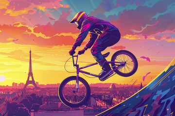 Olympic Games in Paris, BMX freestyle athlete practicing tricks and Eiffel Tower in the background, Colorful digital artwork. generative ai - obrazy, fototapety, plakaty