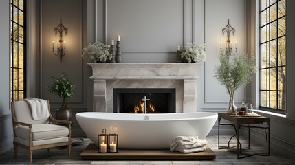 luxury bathroom interior with bathtub and mirror - obrazy, fototapety, plakaty