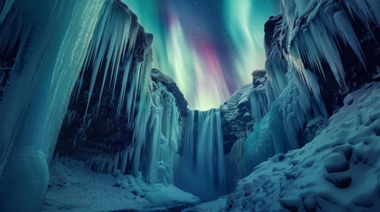 A glimpse of a frozen waterfall suspended in time and surrounded by layers of delicate icicles framed by the vibrant colors of the . .