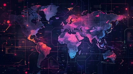 Illustration of the world map made of tech graphic elements, with colorful neon lights