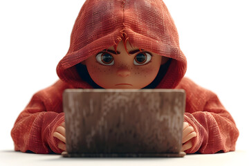 A 3D animated cartoon render of a malicious hacker wearing a hoodie and working on a laptop. - obrazy, fototapety, plakaty