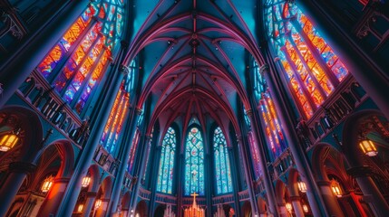 A cathedral with stained glass windows and a large organ. Generative AI. - Powered by Adobe