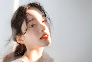 Fototapeta premium Portrait beautiful Asian girl nature light glowing perfect skin and sun lighting reflect