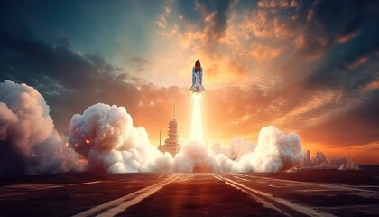New space rocket lift off. Space shuttle with smoke and blast takes off into space on a background of blue planet earth with amazing sunset. Successful start of a space mission.