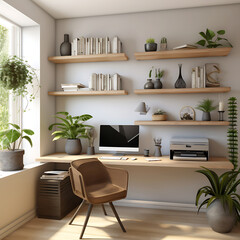 modern minimalist home office setup setup with computer on wooden desk, surrounded by organized bookshelves. Generative ai