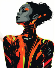 Abstract portrait of a woman with black and orange attire and intricate red and black face paint design