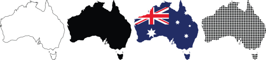 Map of Australia with different style outline, black, flag, dotted style