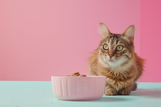 A cat gazing into the camera, positioned next to a bowl of cat food on a soft pastel background
