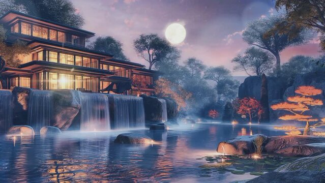 Night Time Oasis: Moonlit Waterfall, Twin kling Stars, and Cozy Wooden House by the Clear Pond.Seamless looping 4k time-lapse virtual video animation background
