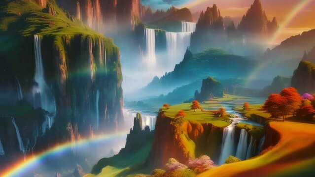 Rainbow over river and mountains in beautiful landscape with waterfall, nature's cascade in Canada's park