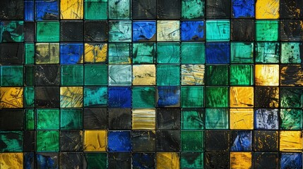A bold grunge-style mosaic composed of square glass tiles in a striking combination of  blue, emerald green, and onyx black, creating an intense banner background 