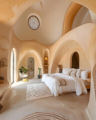 a bedroom with a bed and a clock on the ceiling