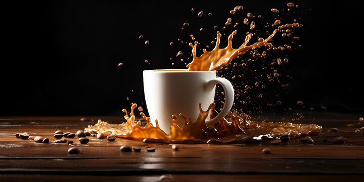 Coffee Splash Black Background, Coffee splash going out of white cup - hot drink concept, White cup of coffee, Coffee Cup With Splashing Effect, Generative AI 