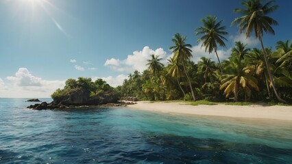 Beautiful tropical island with palm trees and a beach. . Free copy space for text.