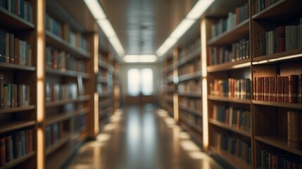 Blurred public library bookstore interior space, blurry storage room with bookshelves by defocused effect. Education training concept background