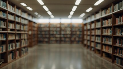 Blurred public library bookstore interior space, blurry storage room with bookshelves by defocused effect. Education training concept background - obrazy, fototapety, plakaty