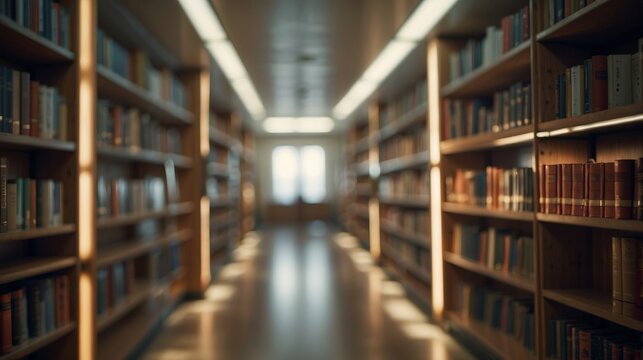 Blurred public library bookstore interior space, blurry storage room with bookshelves by defocused effect. Education training concept background
