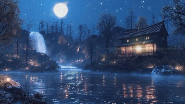 Night Time Oasis: Moonlit Waterfall, Twin kling Stars, and Cozy Wooden House by the Clear Pond.Seamless looping 4k time-lapse virtual video animation background