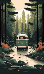 The van is going camping in the valley with a beautiful forest In the middle of the tent in the valley surrounded by tall forests, the sun is falling in the evening, there are 3 tents.vector illustrat © JOJOmsk