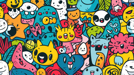 Obraz premium Adorable Cartoon Characters Illustration Texture Pattern