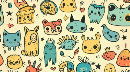 Adorable Cartoon Characters Illustration Texture Pattern
