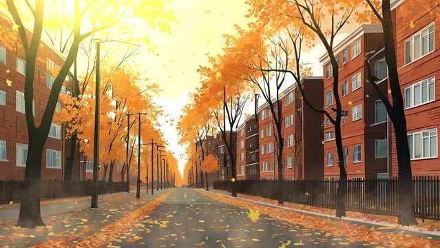 High-definition video showcasing the autumnal charm of a colorful urban neighborhood bathed in daylight.