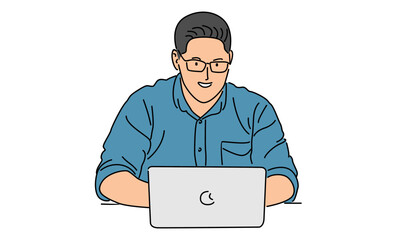 line art color of man with laptop computer