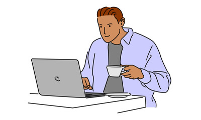 line art color of man with laptop computer