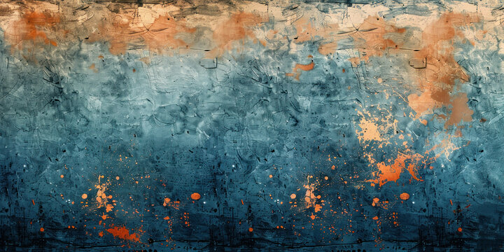 Colorful Abstract Grunge Background with Orange and Blue Paint Splatters on Wall Surface
