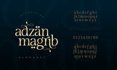 Adzan premium luxury arabic alphabet letters and numbers. Elegant islamic  typography ramadan wedding serif font decorative vintage. Creative vector illustration - obrazy, fototapety, plakaty