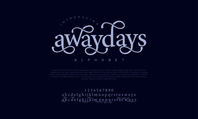 Awaydays premium luxury elegant alphabet letters and numbers. Vintage wedding typography classic serif font decorative vintage retro. Creative vector illustration