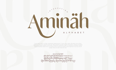 Aminah premium luxury arabic alphabet letters and numbers. Elegant islamic  typography ramadan wedding serif font decorative vintage. Creative vector illustration - obrazy, fototapety, plakaty