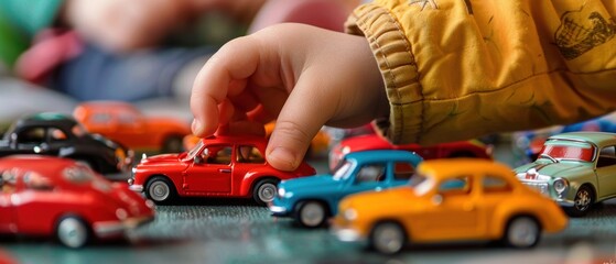 A childs hand picking a red toy car from a colorful assortment of small vehicles