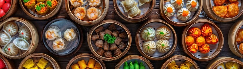 A colorful array of traditional Chinese dim sum dishes presented in a circular arrangement. - obrazy, fototapety, plakaty