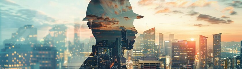 A conceptual image blending a workers silhouette with an urban cityscape - obrazy, fototapety, plakaty