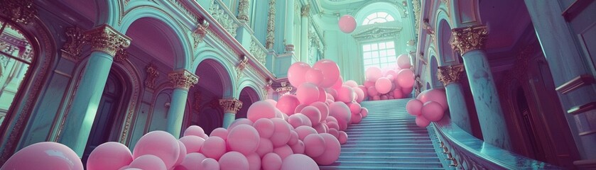 A dreamlike staircase filled with pink balloons in an ornate architectural setting - obrazy, fototapety, plakaty