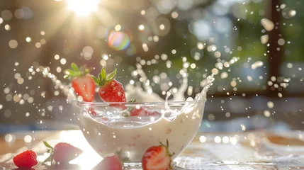 Fototapeten Happy scene of tasty strawberries and raspberries are splashing in cream milk bawl. Berries and Cream Milkshake illustration. Concept of joyful fun breakfast free from rules. © Graphicsnice