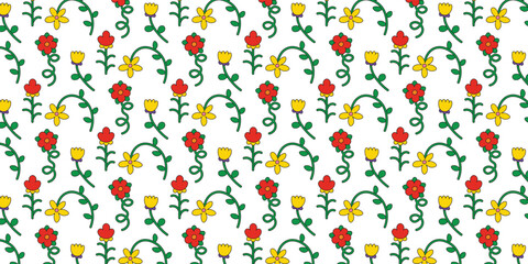 Fototapeta na wymiar Seamless pattern with multicolored flowers collection in retro groovy style. Simple flat style flowers with editable stroke. Trendy hand drawn flowers. Botanical floral elements.