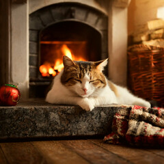 아늑하고 따뜻한 집에서 자고 있는 고양이  - obrazy, fototapety, plakaty