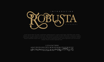 Robusta premium luxury elegant alphabet letters and numbers. Vintage wedding typography classic serif font decorative vintage retro. Creative vector illustration